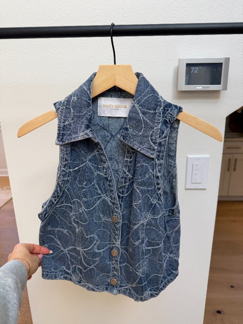 Ramy Brook Deacon Floral Embroidered Denim Vest Indigo Blue Size S
